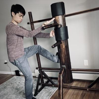 Photo of a person performing the wooden man form.